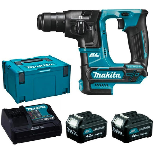 Makita Compact SDS+ Brushless Rotary Hammer Drill Set with 2 x 4Ah Batteries, Charger, and Makpac Case Included